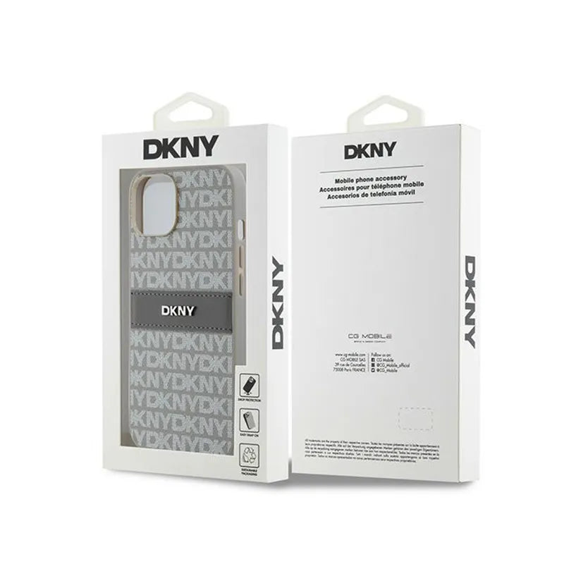 DKNY Leather Mono Stripe & Metal Logo – dėklas iPhone 14 / 15 / 13 (smėlio spalvos)