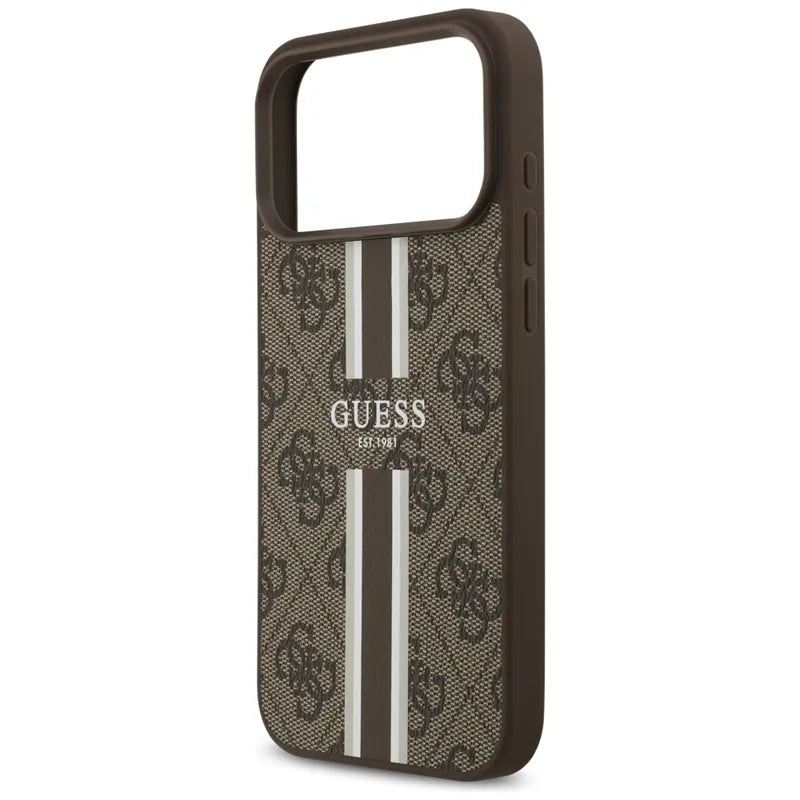 Guess 4G Printed Stripes MagSafe – Dėklas iPhone 17 Pro Max (rudos spalvos)