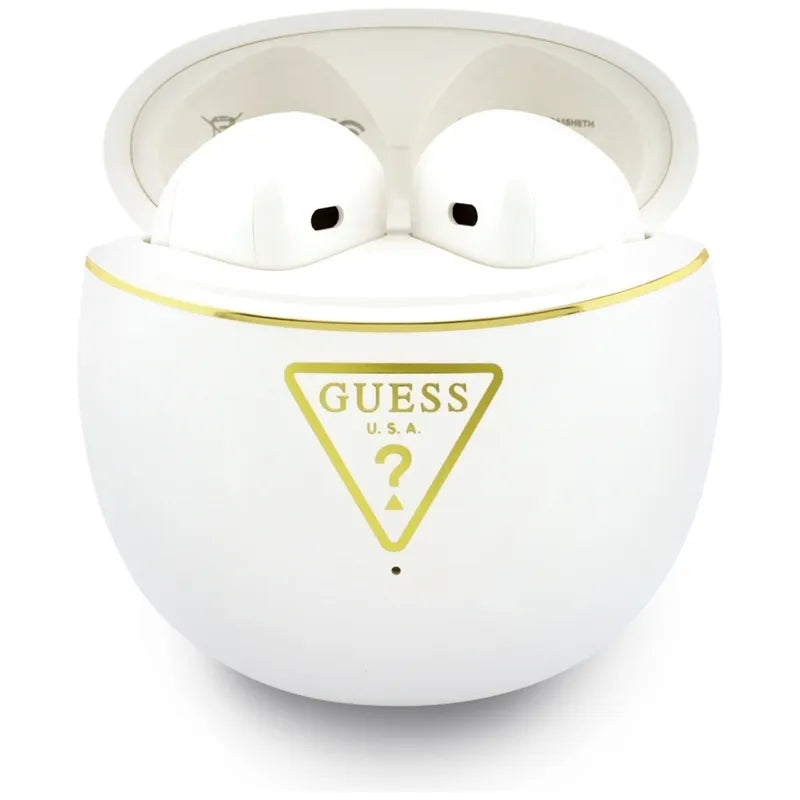 Guess Gold Line Triangle – TWS „Bluetooth“ ausinės + įkrovimo dėklas (baltos)