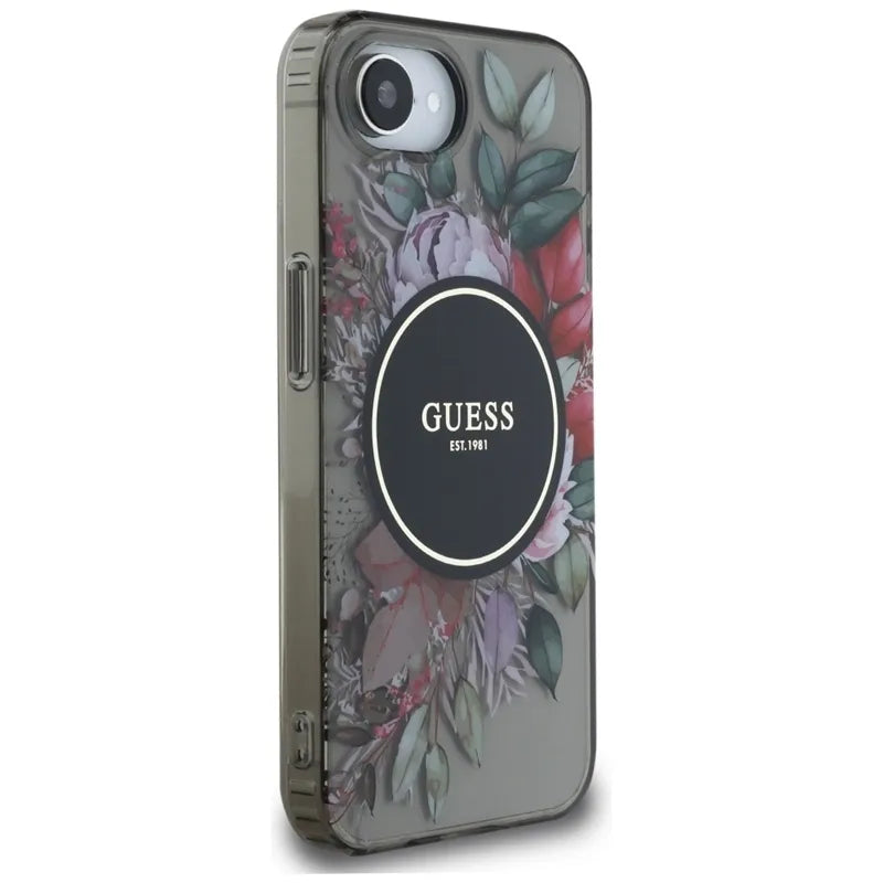 Guess IML Flowers MagSafe – dėklas iPhone 16e (juodas)