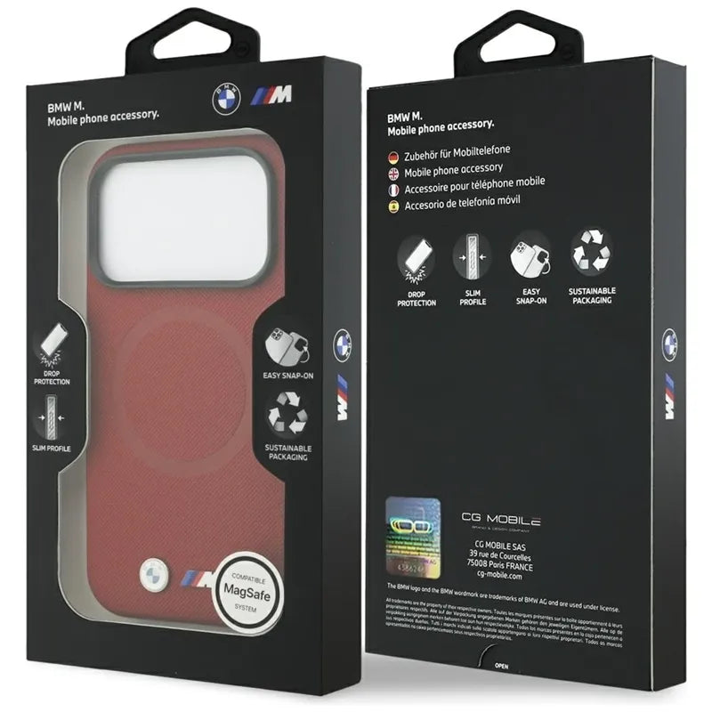 BMW M FW Metal Logo MagSafe dėklas iPhone 17 Pro (raudonas)