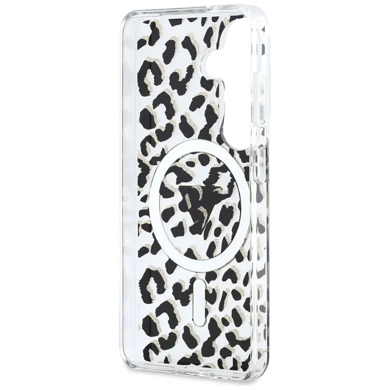 Guess IML Leopard Print Triangle MagSafe – Samsung Galaxy S26 dėklas (juodas)
