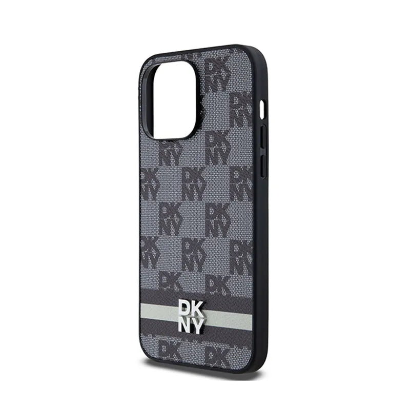 DKNY Leather Checkered Mono Pattern & Printed Stripes – dėklas iPhone 14 Pro Max (juodas)