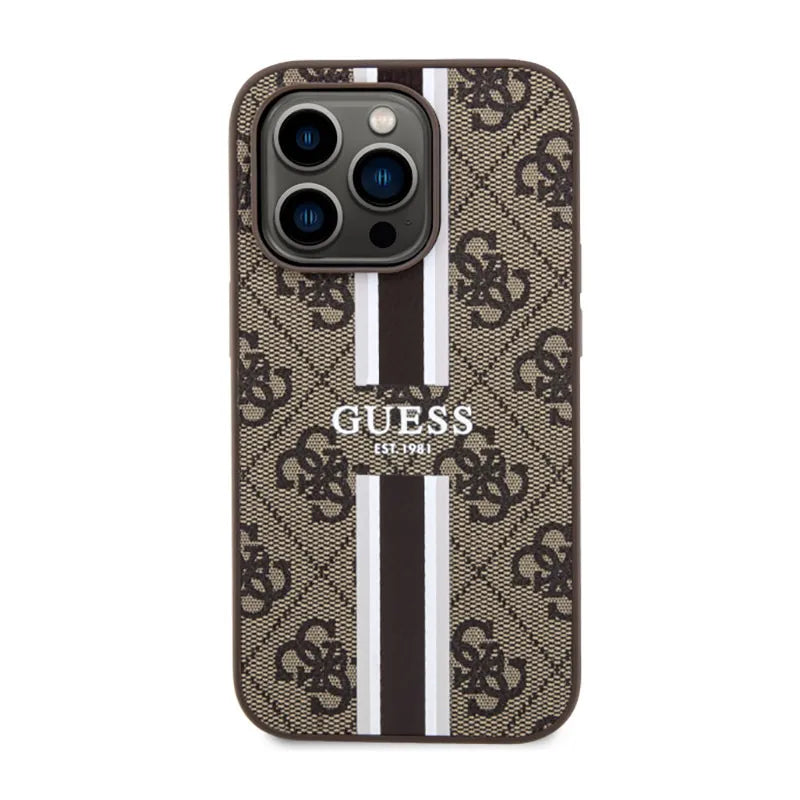 Guess 4G Printed Stripes MagSafe – dėklas iPhone 14 Pro (rudas)