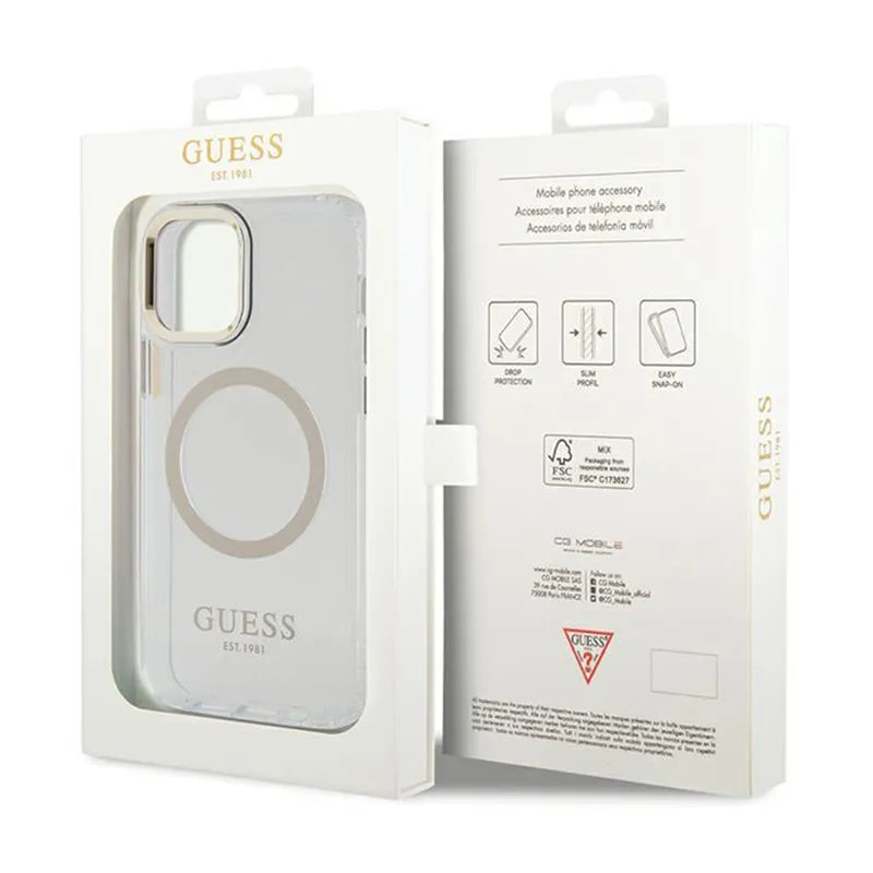 Guess Metal Outline MagSafe – dėklas iPhone 12 / iPhone 12 Pro telefonui (skaidrus / auksinis)