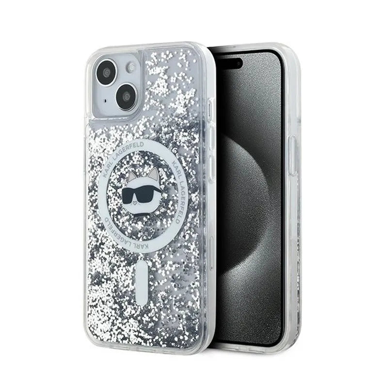 Karl Lagerfeld Liquid Glitter Choupette Head MagSafe – iPhone 15 Plus / 14 Plus dėklas (skaidrus)