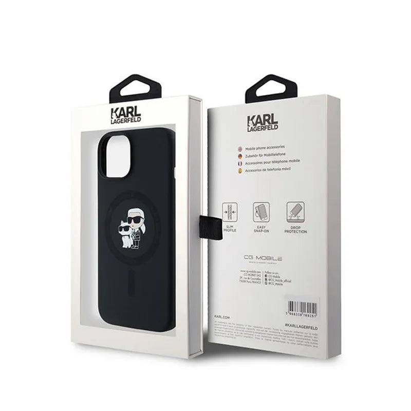 Karl Lagerfeld Silicone Karl & Choupette MagSafe – dėklas, skirtas iPhone 15 Plus / 14 Plus (juodas)