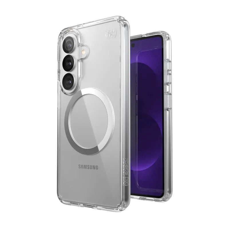 Speck Presidio Perfect-Clear Magnet – Samsung Galaxy S26 MagSafe dėklas (skaidrus/sidabrinis)