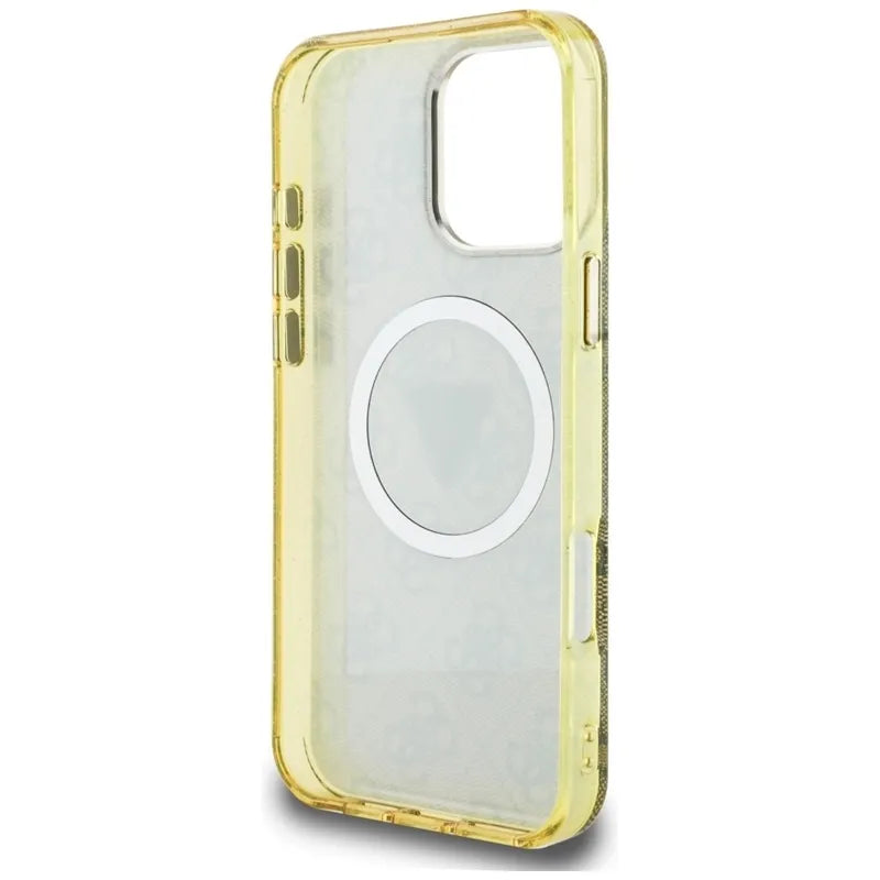 Guess IML Metal Glitter 4G Circle Triangle MagSafe – dėklas, skirtas iPhone 16 Pro Max (rudos spalvos)