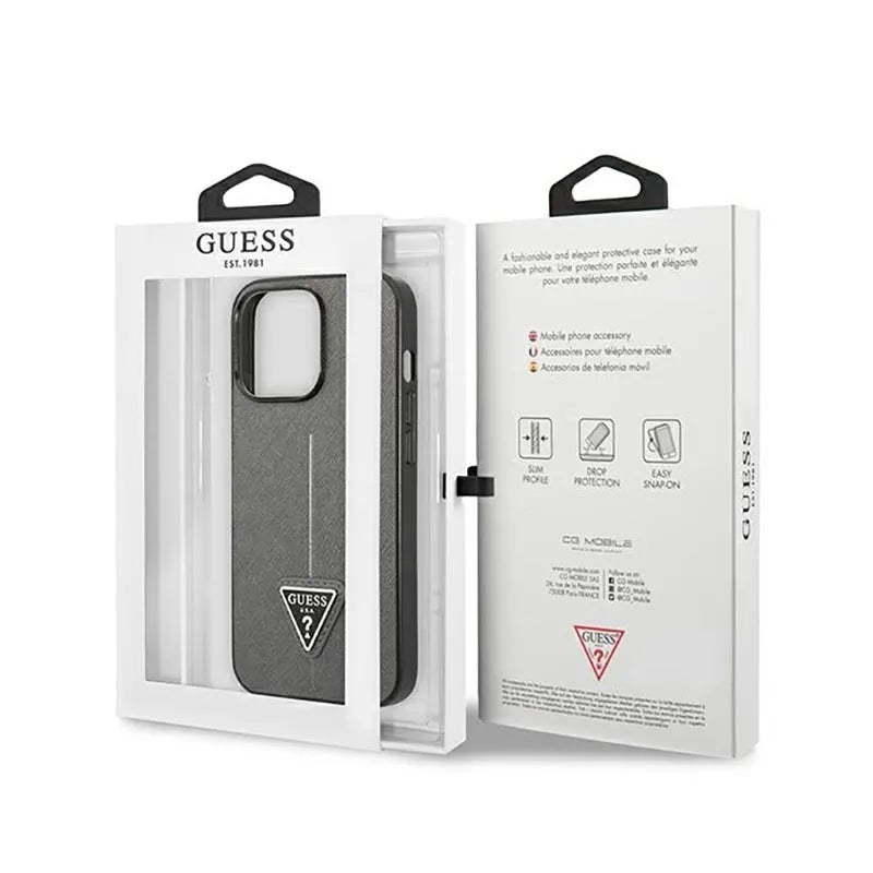 „Guess Saffiano Triangle Logo“ dėklas – dėklas „iPhone 14 Pro“ telefonui (sidabrinis)