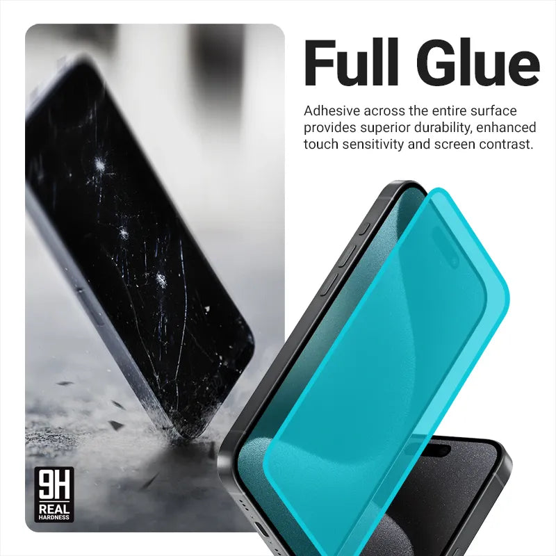 Crong 3D Armor Glass – 9H Full Glue grūdintas stiklas, skirtas iPhone 16 / iPhone 15 + montavimo rėmelis