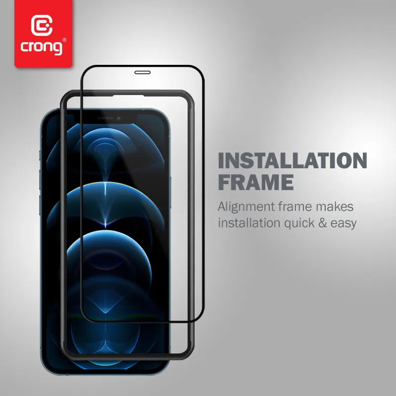 Crong Anti-Bacterial 3D Armor Glass – 9H grūdintas stiklas visam iPhone 12 Pro Max ekranui + montavimo rėmelis