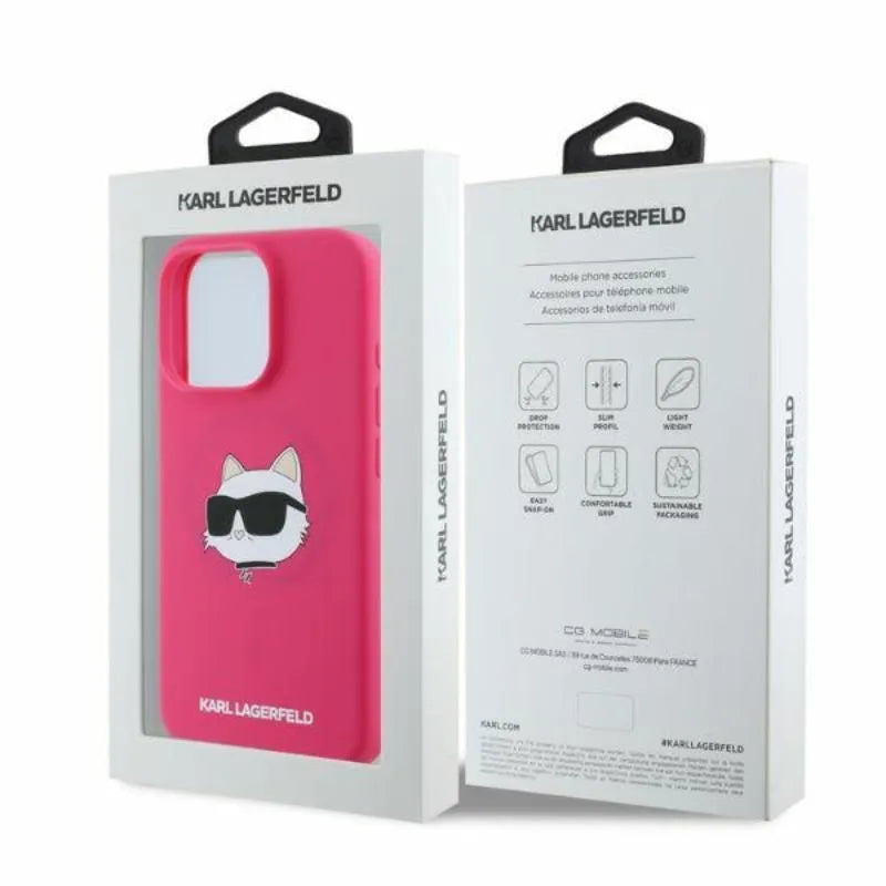 Karl Lagerfeld Silicone Choupette Head Print MagSafe – dėklas „iPhone 16 Pro Max“ (fuksijos spalvos)