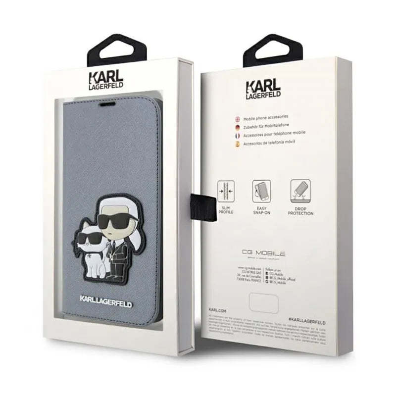 Karl Lagerfeld Booktype NFT Saffiano Karl & Choupette – Dėklas iPhone 14 Pro (sidabrinis)