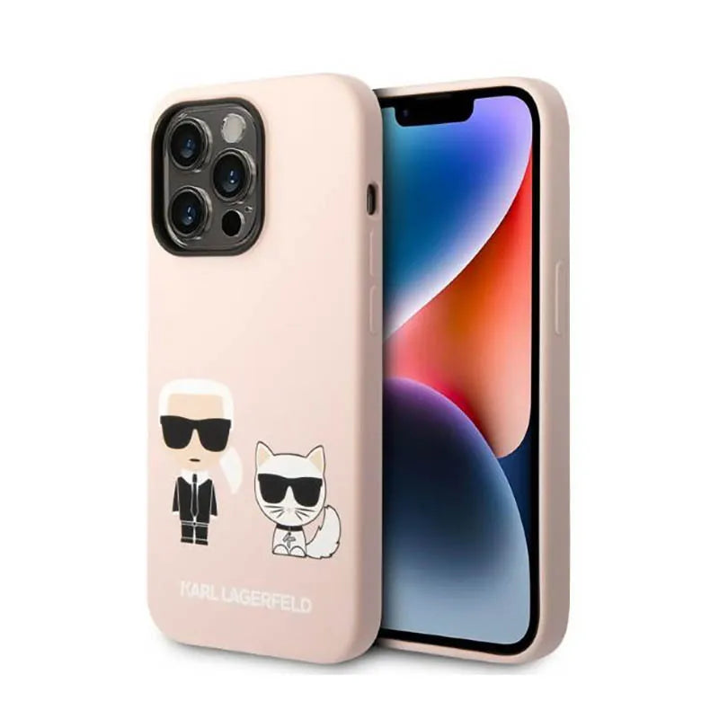 Karl Lagerfeld Liquid Silicone Karl & Choupette MagSafe dėklas, skirtas iPhone 14 Pro (rožinis)