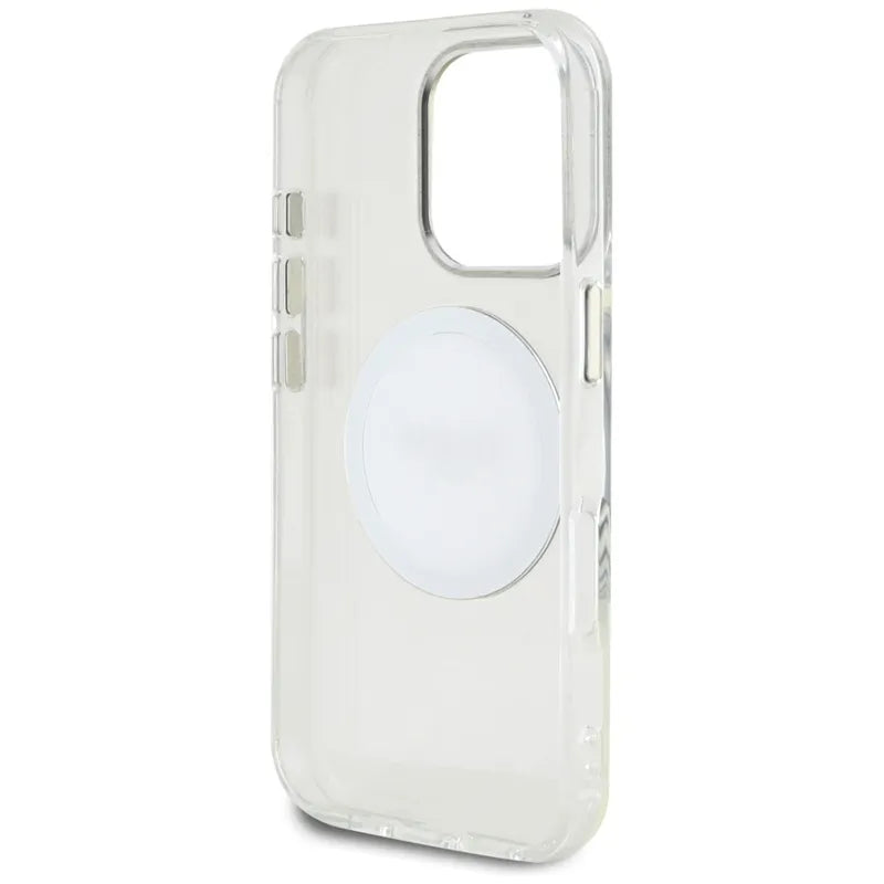 Guess IML Metal Colored Circle Classic Logo MagSafe - dėklas iPhone 16 Pro (baltas)