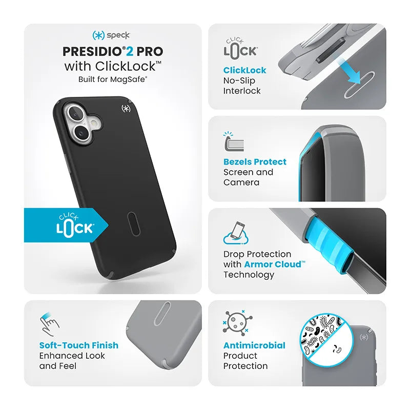 Speck Presidio2 Pro ClickLock & MagSafe - iPhone 16 Plus dėklas (juodas / pilkas / baltas)