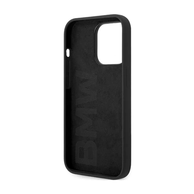 BMW Signature Liquid Silicone MagSafe dėklas, skirtas iPhone 14 Pro Max (juodas)