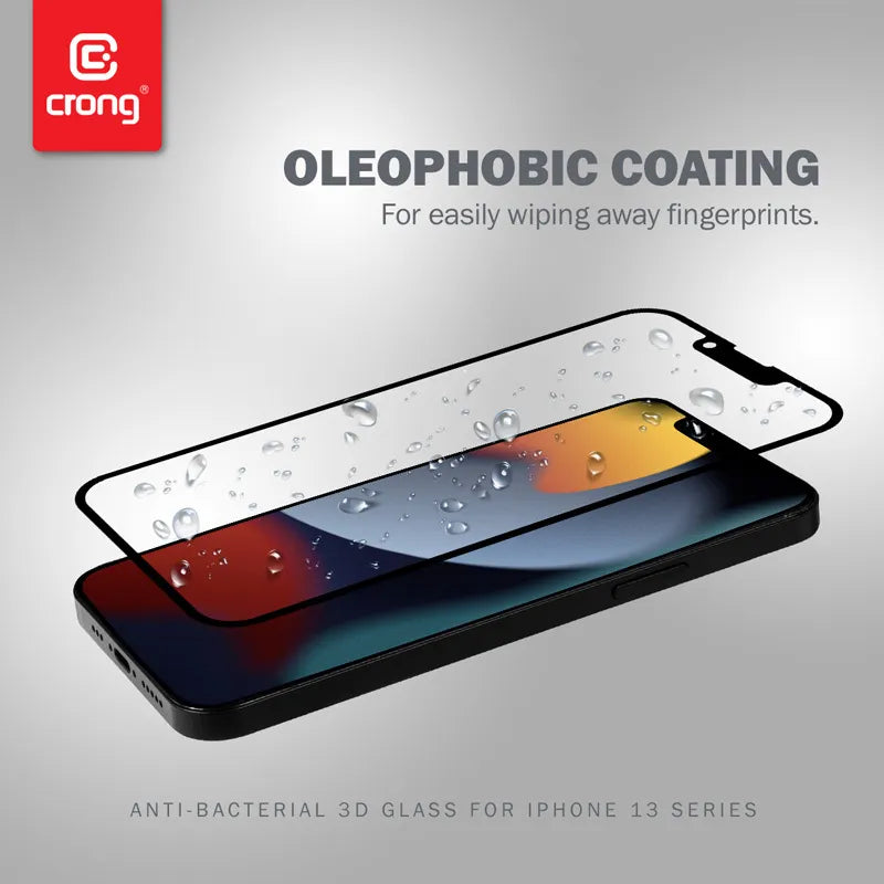 Crong Anti-Bacterial 3D Armor Glass – 9H grūdintas stiklas visam ekranui iPhone 14 Plus / iPhone 13 Pro Max + montavimo rėmelis