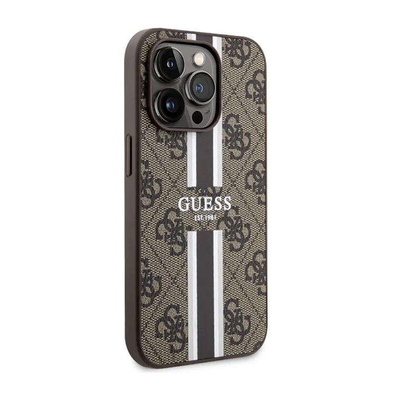 Guess 4G Printed Stripes MagSafe – dėklas iPhone 14 Pro (rudas)