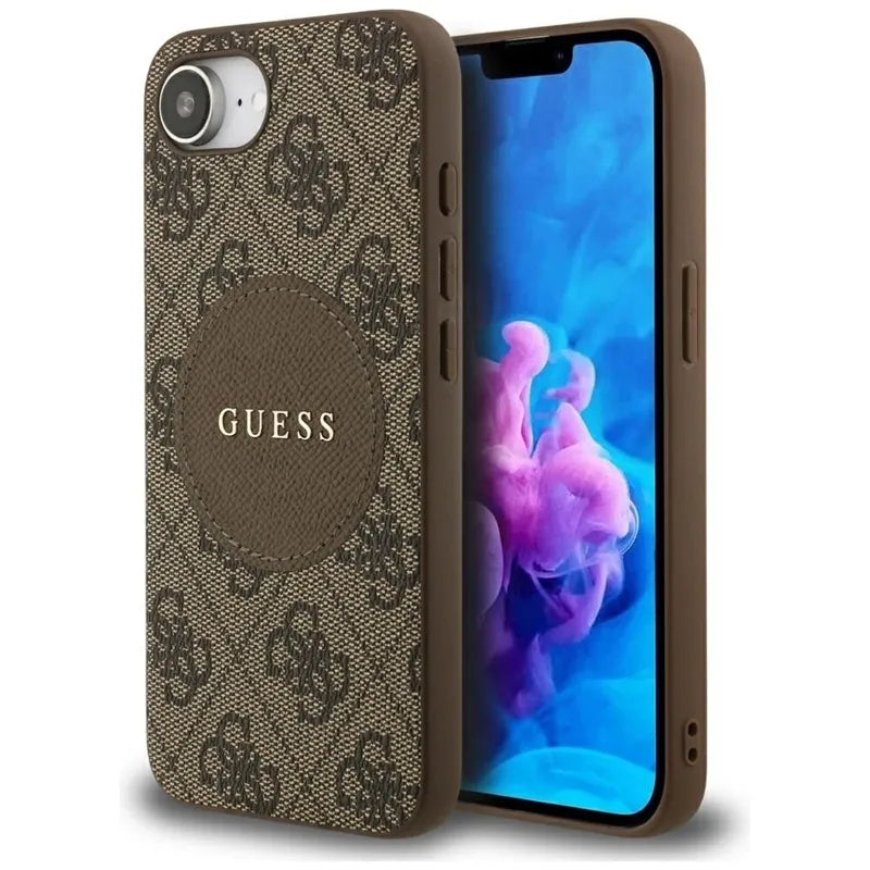 Guess 4G Circle Classic Logo MagSafe dėklas, skirtas iPhone 16e (ruda)