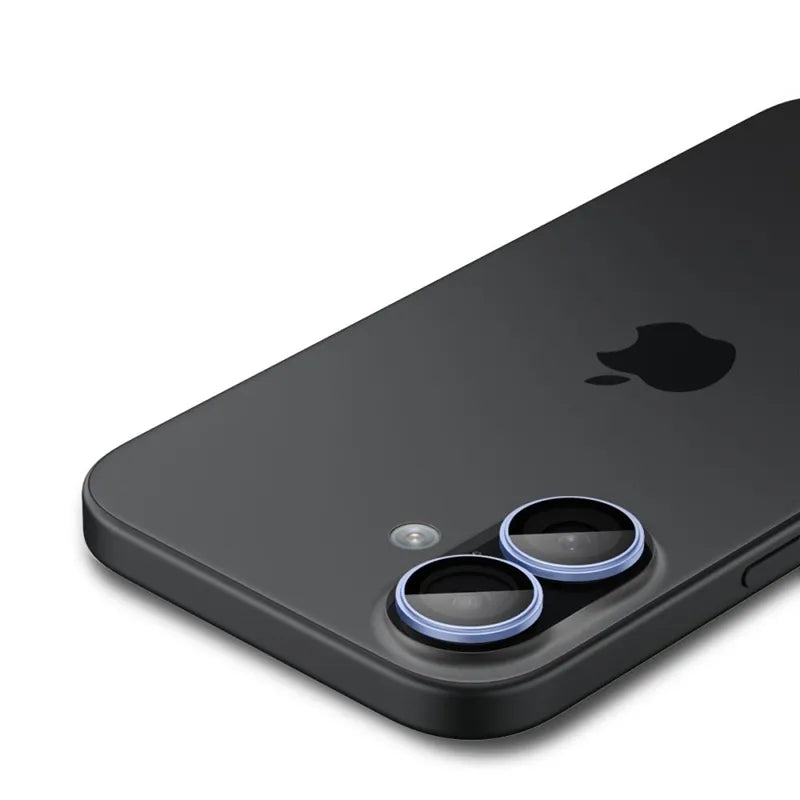Spigen Optik Pro GLAS.TR EZ Fit fotoaparato apsauginis stikliukas (2 vnt.) – Stiklinė lęšių apsauga skirta iPhone 16 / 16 Plus / 17 (mėlyna)