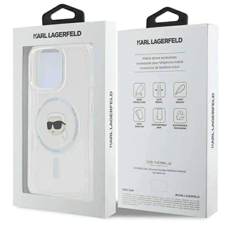 Karl Lagerfeld IML Metal Karl Head MagSafe - dėklas iPhone 16 Pro (baltas)