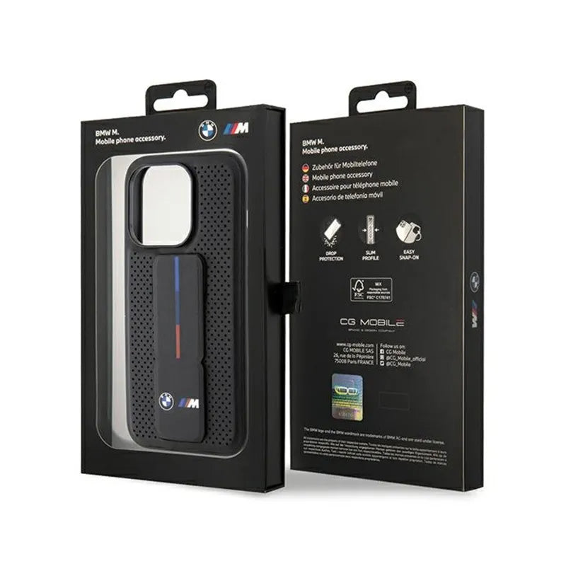 BMW Grip Stand Smooth & Perforated - dėklas iPhone 15 Pro telefonui (juodas)