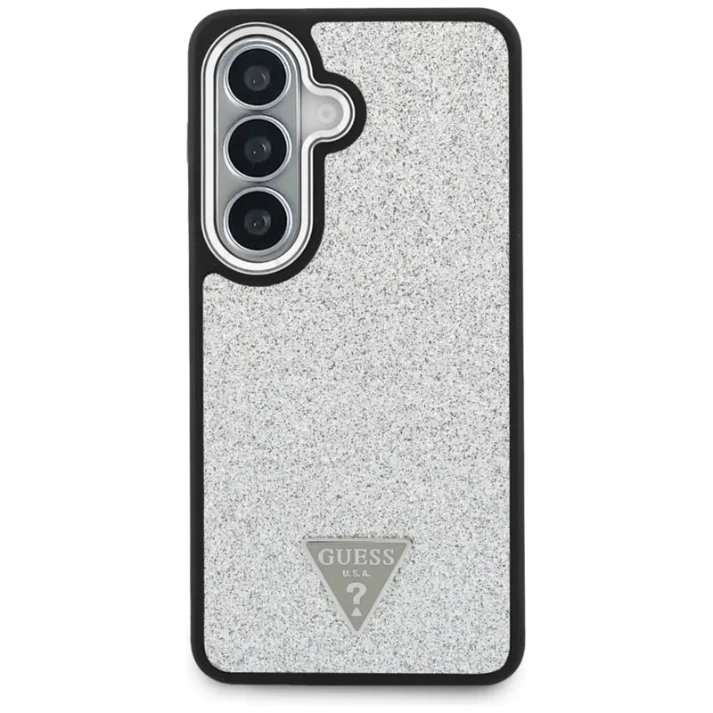 Guess Fixed Glitter Triangle MagSafe – Samsung Galaxy S26 dėklas (sidabrinis)