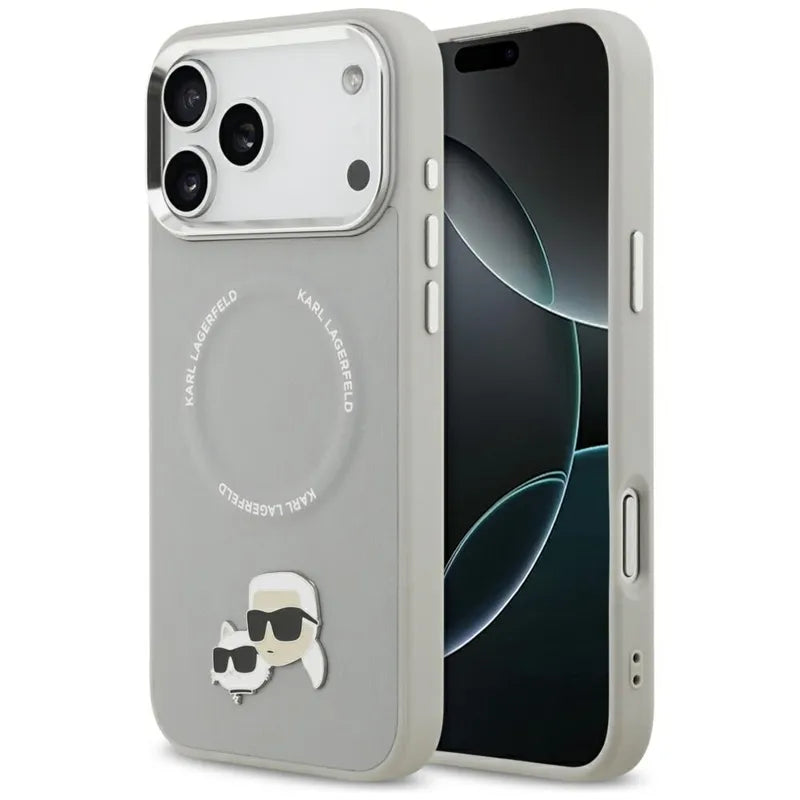 Karl Lagerfeld Karl & Choupette Pins MagSafe – dėklas, skirtas iPhone 17 Pro (pilkas)