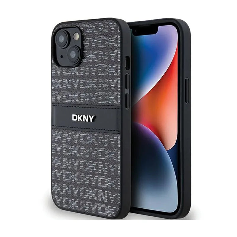 DKNY Leather Mono Stripe & Metal Logo – dėklas iPhone 14 / 15 / 13 (juodas)