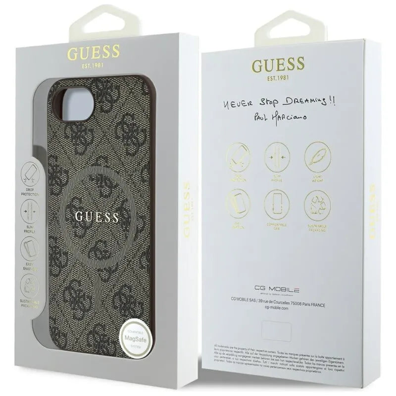 Guess 4G Ring Classic Logo MagSafe – dėklas skirtas iPhone 16e (rudos spalvos)