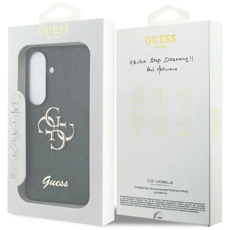 Guess Fixed Glitter Big 4G Metal Logo – dėklas Samsung Galaxy S26 (juodas)