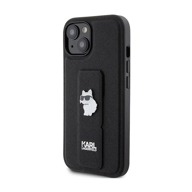 Dėklas Karl Lagerfeld Gripstand Saffiano Choupette Pins – iPhone 15 Plus (juodas)