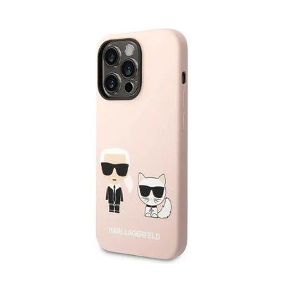 Karl Lagerfeld Liquid Silicone Karl & Choupette MagSafe dėklas, skirtas iPhone 14 Pro (rožinis)