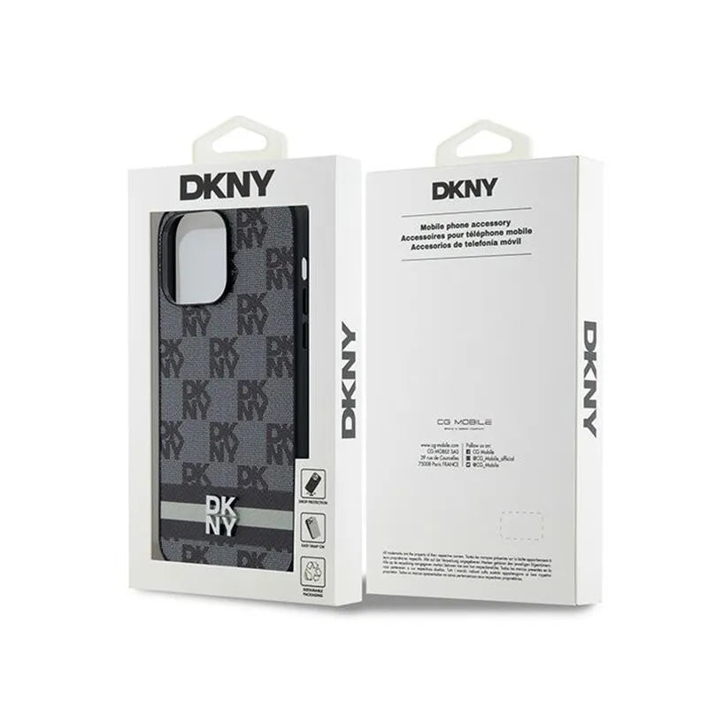 DKNY Leather Checkered Mono Pattern & Printed Stripes – dėklas iPhone 14 Pro Max (juodas)