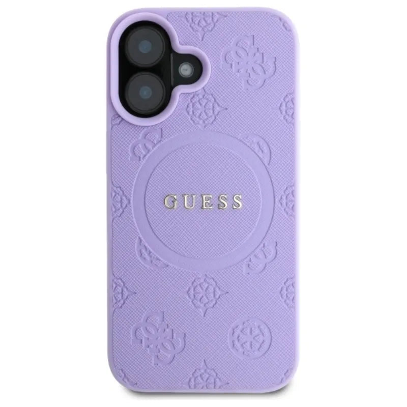 Guess Saffiano Peony Classic Logo MagSafe – dėklas iPhone 16 (violetinis)