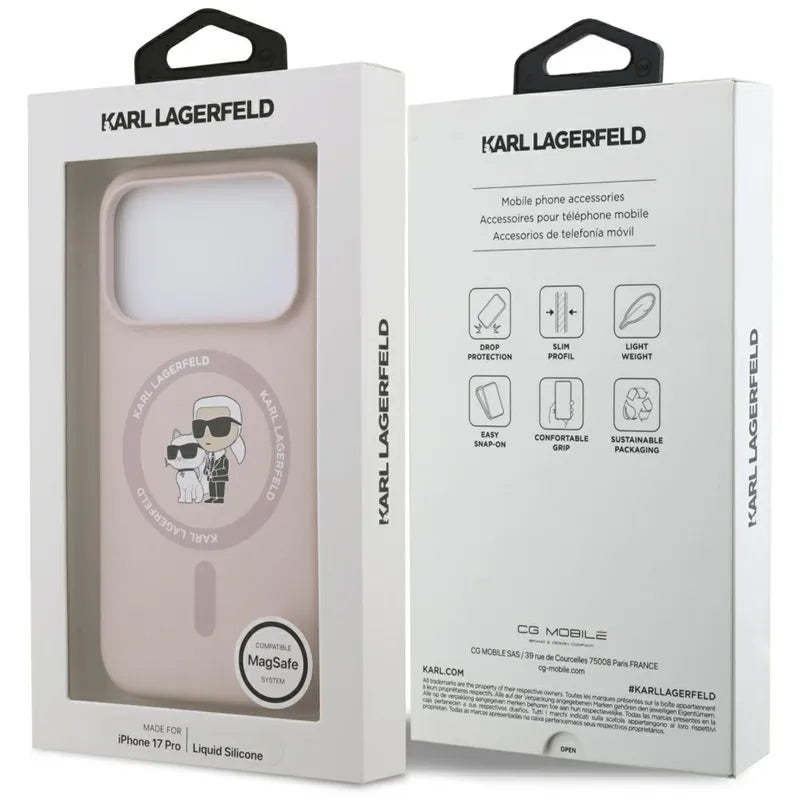 Karl Lagerfeld Silicone Karl & Choupette Ring MagSafe – Dėklas iPhone 17 Pro (rožinis)
