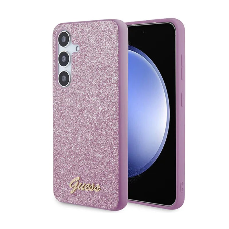 Guess Glitter Flakes Metal Logo dėklas - Dėklas skirtas Samsung Galaxy S24 (Violetinis)