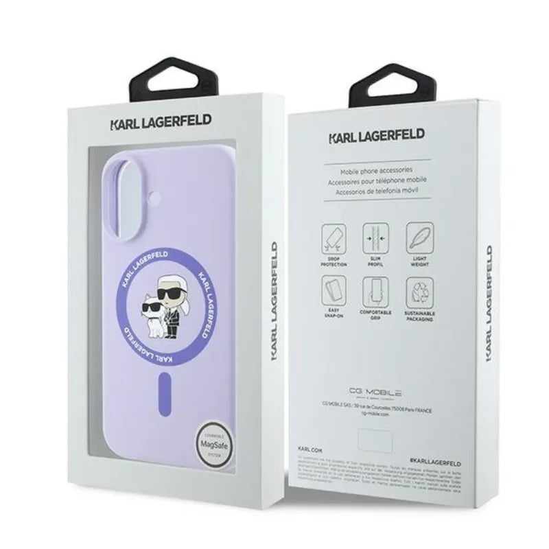 Karl Lagerfeld Silicone Karl & Choupette Ring MagSafe – Dėklas iPhone 16 Plus (violetinis)