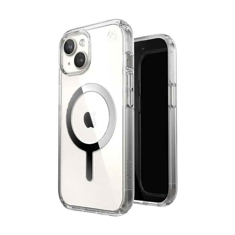Speck Presidio Perfect-Clear MagSafe – dėklas iPhone 17e / 16e / 15 / 14 / 13 (Skaidrus / Chromuota apdaila / Serene Silver)
