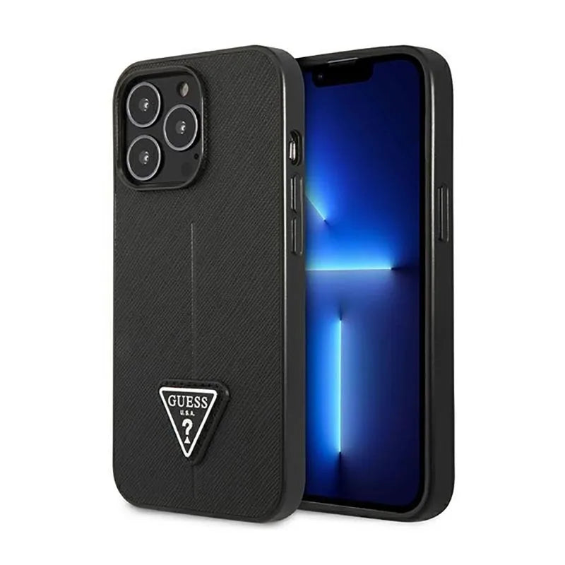 Dėklas „Guess Saffiano Triangle Logo“ – dėklas „iPhone 14 Pro“ telefonui (juodas)