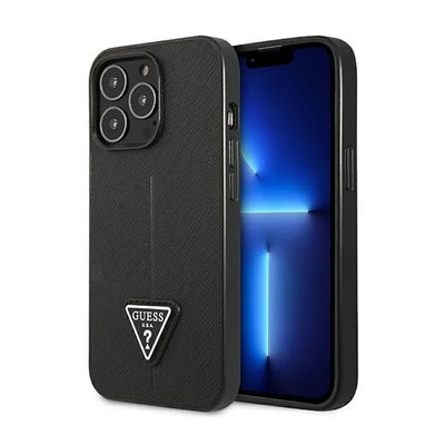 Dėklas „Guess Saffiano Triangle Logo“ – dėklas „iPhone 14 Pro“ telefonui (juodas)