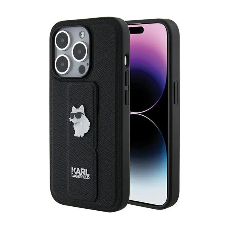 Karl Lagerfeld Gripstand Saffiano Choupette Pins – dėklas iPhone 15 Pro Max telefonui (juodas)