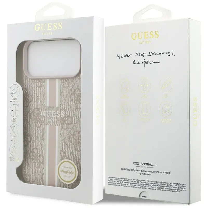 Guess 4G Printed Stripes MagSafe – dėklas iPhone 17 Pro Max (rožinis)