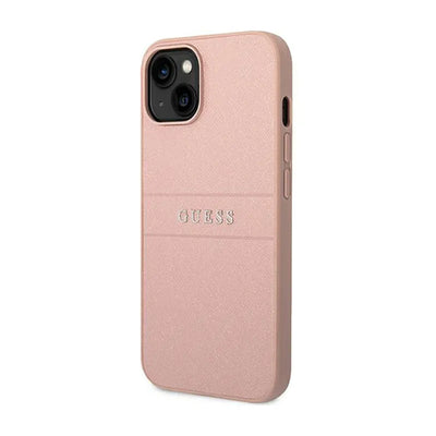 Guess Saffiano Metal Logo Stripes – Dėklas iPhone 14 Plus (rožinis)