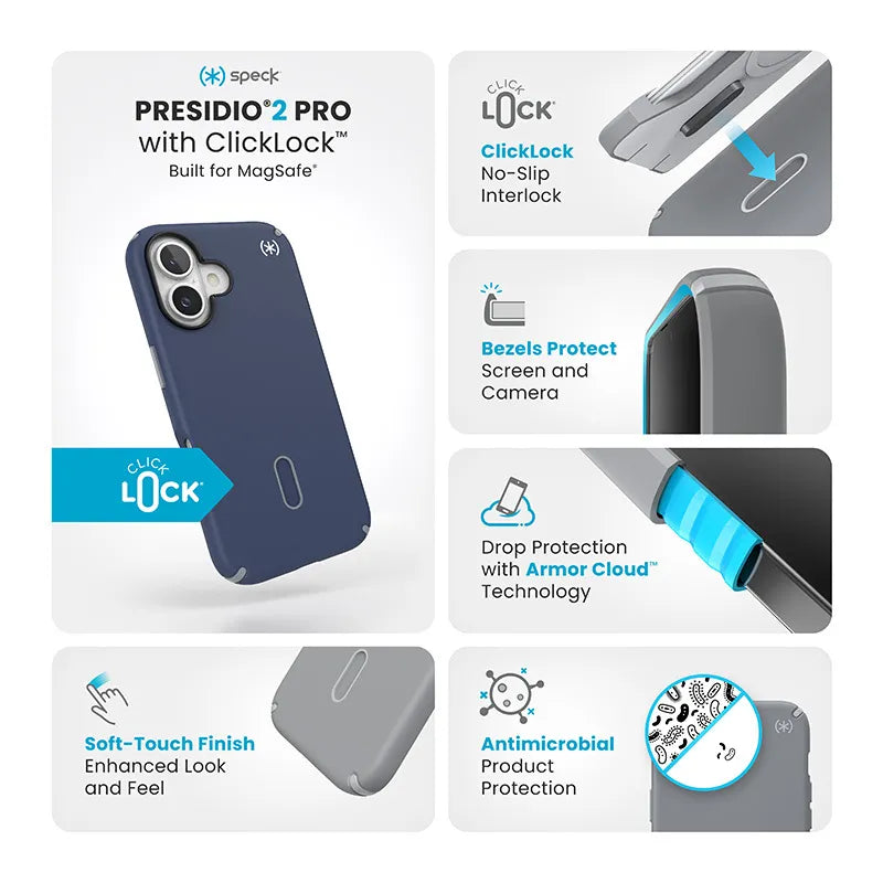 Speck Presidio2 Pro ClickLock & MagSafe - iPhone 16 dėklas (Coastal Blue / Dust Gray / White)