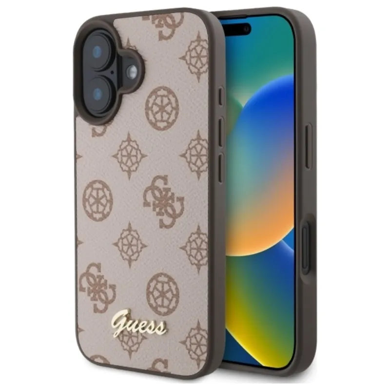 Guess Peony Script MagSafe dėklas, skirtas iPhone 16 (rudas)