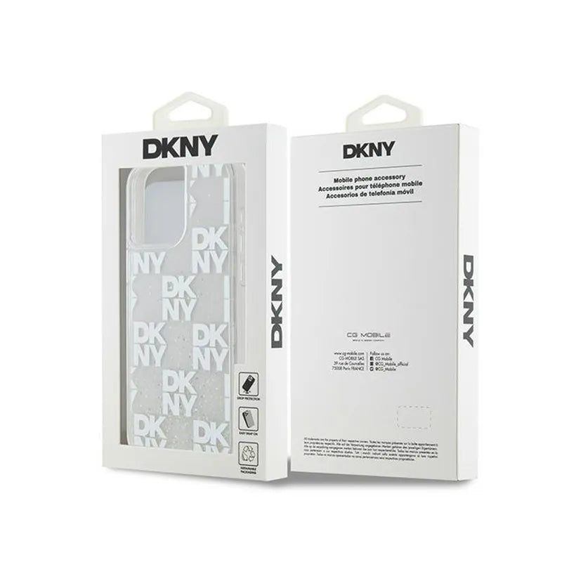 DKNY Liquid Glitter Multilogo – dėklas iPhone 15 Pro Max (baltas)