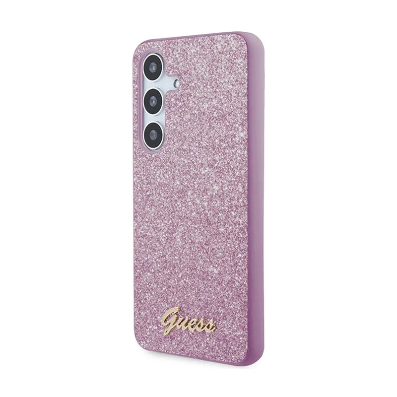 Guess Glitter Flakes Metal Logo dėklas - Dėklas skirtas Samsung Galaxy S24 (Violetinis)